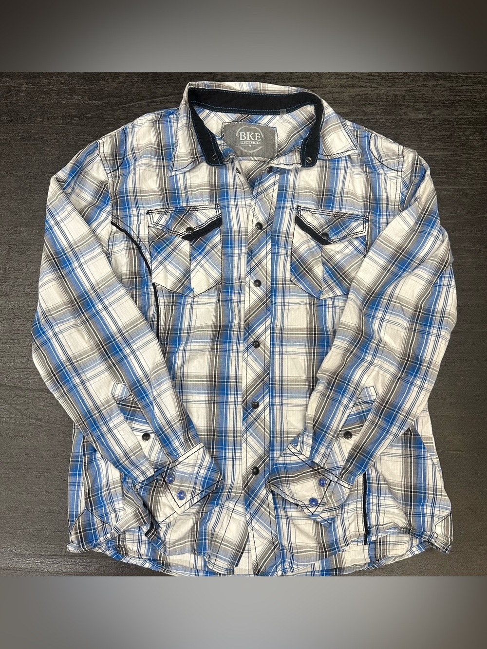 BKE Men’s Cotton Plaid Relaxed Fit Shirt In White And Blue Size Medium